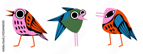 Collection of colorful birds. Vector illustration. Pink, red, blue, light blue