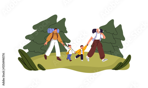 Happy family with kids hiking together. Parents, children trekking with backpacks for camping in forest. Mother, father, son and daughter walk in nature. Flat isolated vector illustration on white