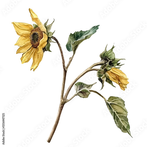 watercolor of Sunflower Branch, isolated on a white background.