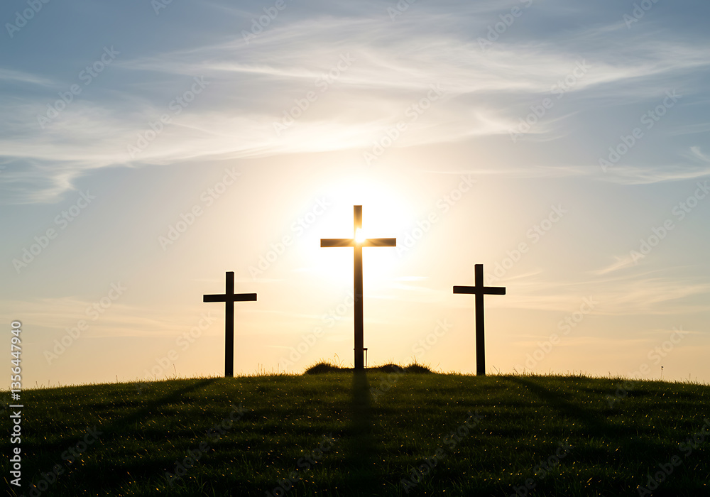 Three crosses stand silhouetted against the sunset sky atop a grassy hill, symbolizing faith and hope. Three crosses stand silhouetted against the sunset sky atop a grassy hill, symbolizing faith and hope.