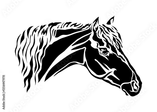 Abstract beautiful horse head silhouette. Horse portrait black and white. Vector illustration, isolated on white background. Template for embroidery, logo, design, tattoo, stencil and laser cutting
