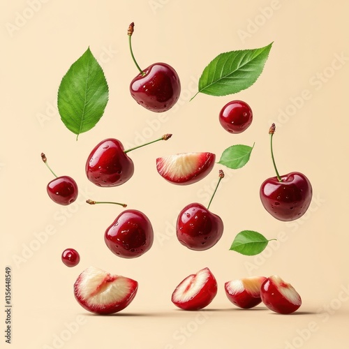 Fresh red cherries and green leaves floating in a dynamic arrangement against a soft beige backdrop with a clean and modern aesthetic