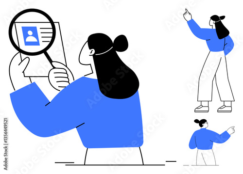 Woman holding ID under magnifying glass, examining details. Other views show her pointing upward and sideways. Ideal for recruitment, research, verification, identity, analytics, focus exploration