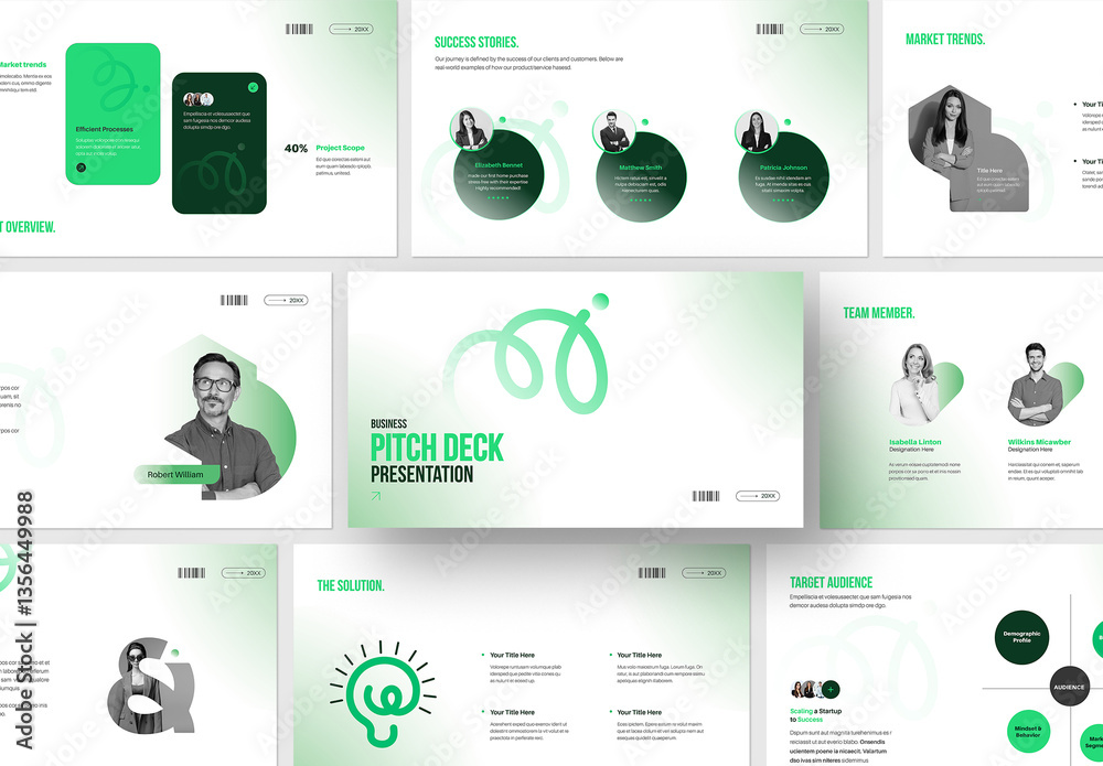Pitch Deck Layout with Green Accents Stock Template | Adobe Stock
