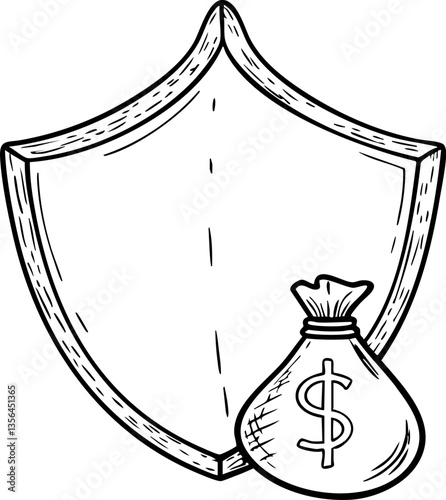 financial benefits budget optimization concept. Shield with a money bag symbolizing protection and wealth.