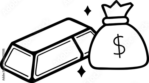 financial benefits budget optimization concept. Gold bar and money bag illustration with sparkles.