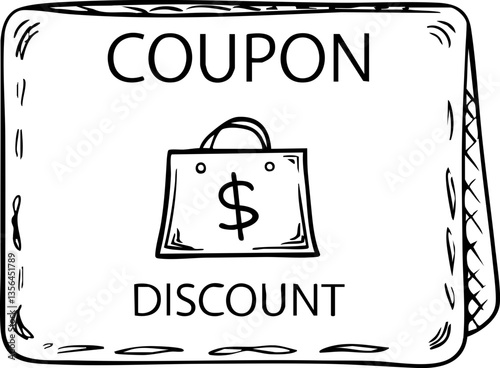 financial benefits budget optimization concept. Coupon with discount offer and shopping bag illustration.