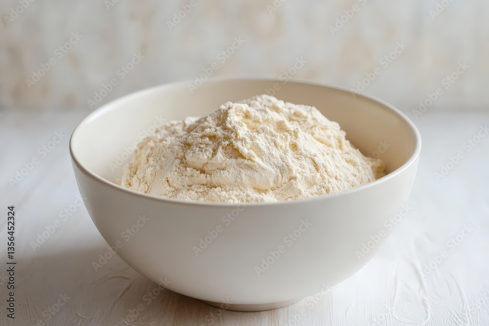 A white bowl filled with a large pile of flour A white bowl filled with a large pile of flour