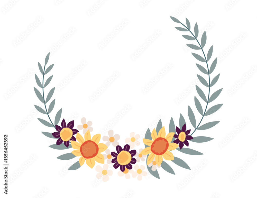Obraz premium Round flower frame, vintage wreath with blossom. Folk art, ornamental frame with floral composition. Bright illustration, can be used as creating or invitation card