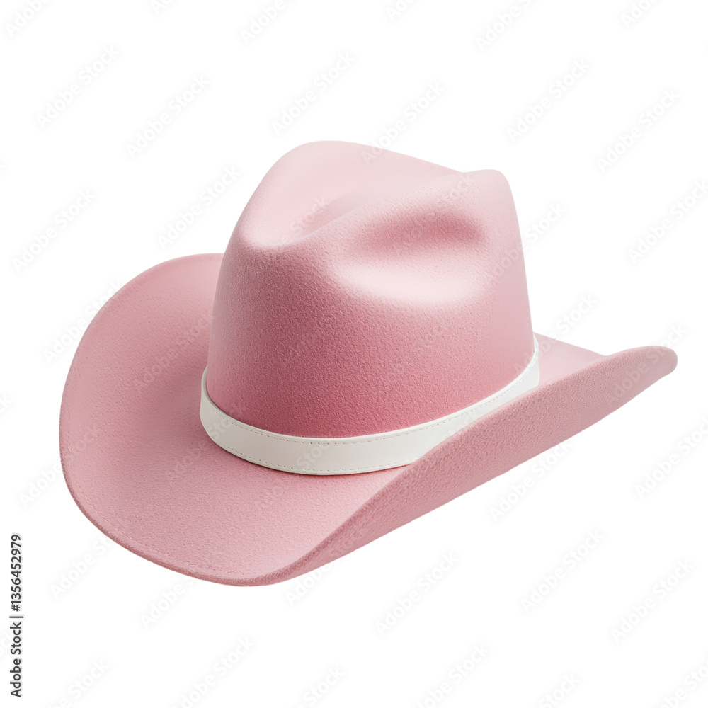 Pink cowboy hat with white band on transparent background. Fashionable western style accessory. Pink cowboy hat with white band on transparent background. Fashionable western style accessory.