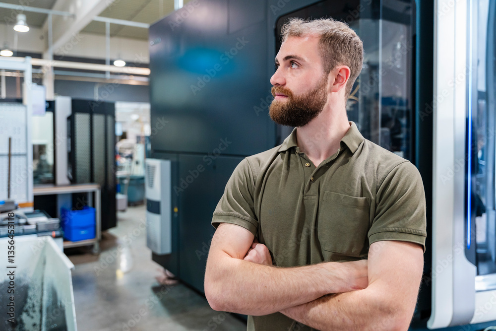Young man with beard standing in a production hall with machinery Young man with beard standing in a production hall with machinery