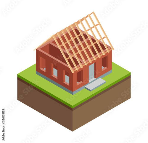 House construction Isometric stage. Visualization of modern building process. Roof installation phase. Wood construction of roof for an isometric house