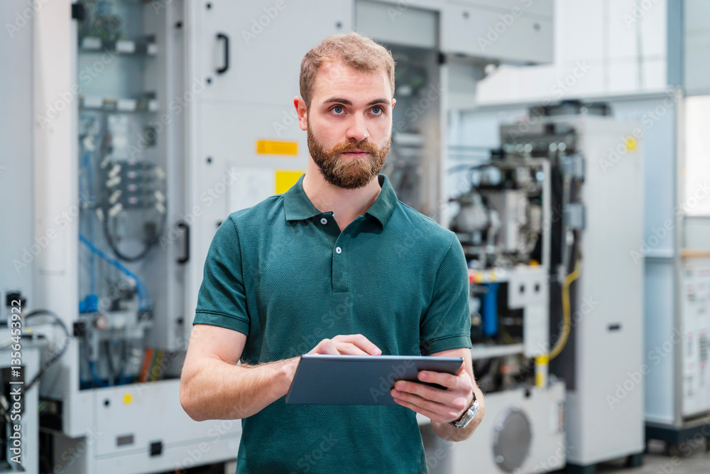 Young man using tablet in industrial production hall Young man using tablet in industrial production hall