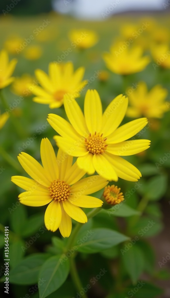 Fototapeta premium Vibrant yellow Meskel flowers blooming during Enkutatash festival in Ethiopia, culture, Enkutatash