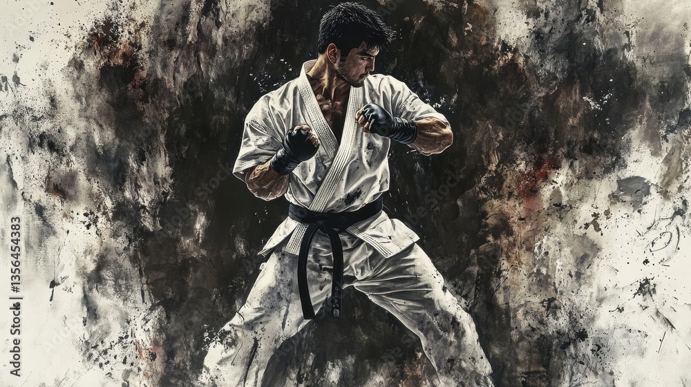 Fototapeta premium Powerful Karate Fighter Martial Arts Action Dynamic Pose Abstract Background