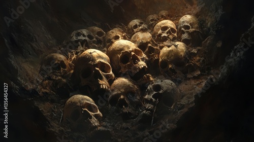 Dark Cave  Pile of Skulls  Human Remains  Death  Horror