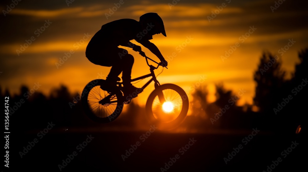 Fototapeta premium Sunset BMX Silhouette: A Rider's Golden Hour