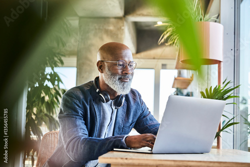 Mature businessman working from home on laptop