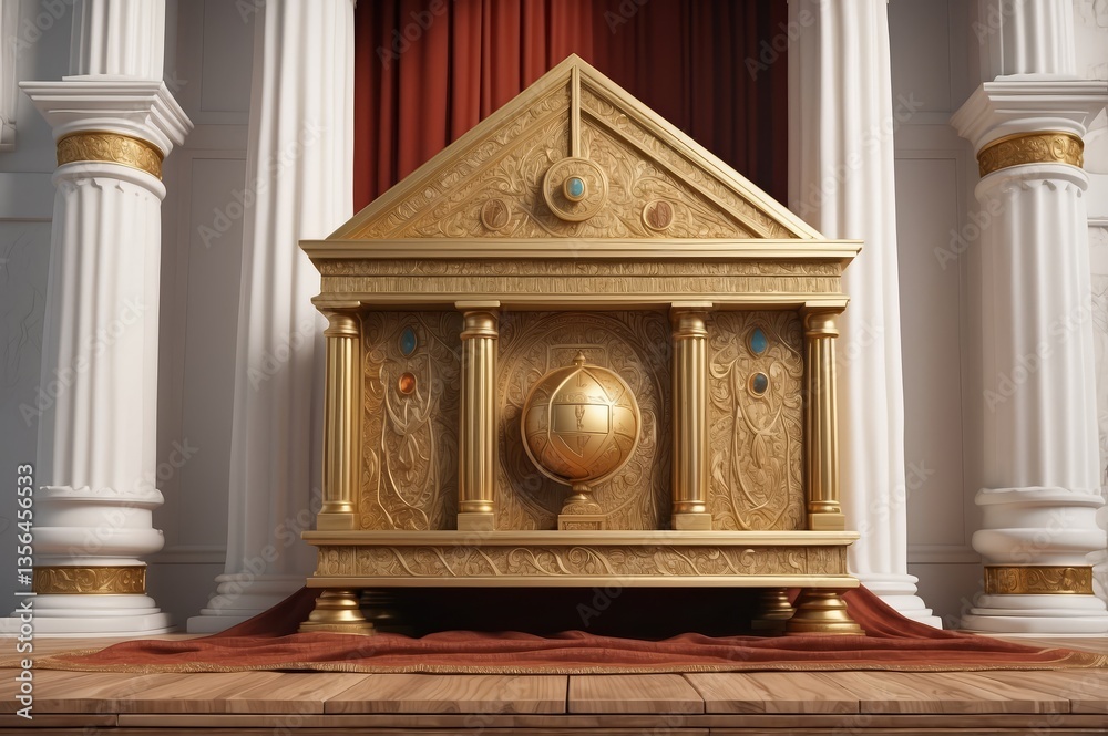 Fototapeta premium Ornate golden altar with globe inside classical architecture setting.