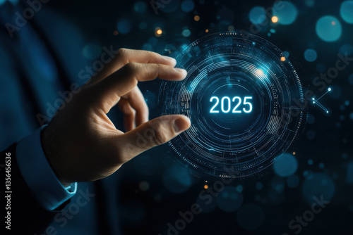 Hand Interacting with a Holographic 2025 Display. Generated by AI