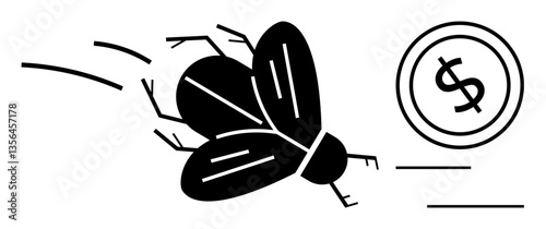 A silhouette of a flying bug rapidly approaching a dollar coin, symbolizing quick expenditure, fleeting wealth, or financial mismanagement. Ideal for finance, economics, consumer behavior, budgeting