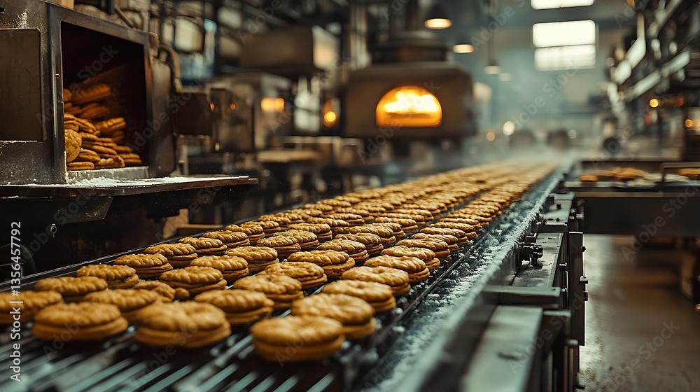 Fototapeta premium Freshly Baked Cookies on Conveyor Belt in Factory, A conveyor belt with freshly baked cookies in a factory setting