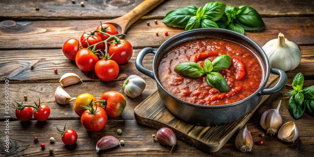 A rustic wooden table laden with fresh red tomatoes, garlic cloves, and a pot of simmering tomato sauce, all ready to be blended into a delicious and aromatic sauce A rustic wooden table laden with fresh red tomatoes, garlic cloves, and a pot of simmering tomato sauce, all ready to be blended into a delicious and aromatic sauce