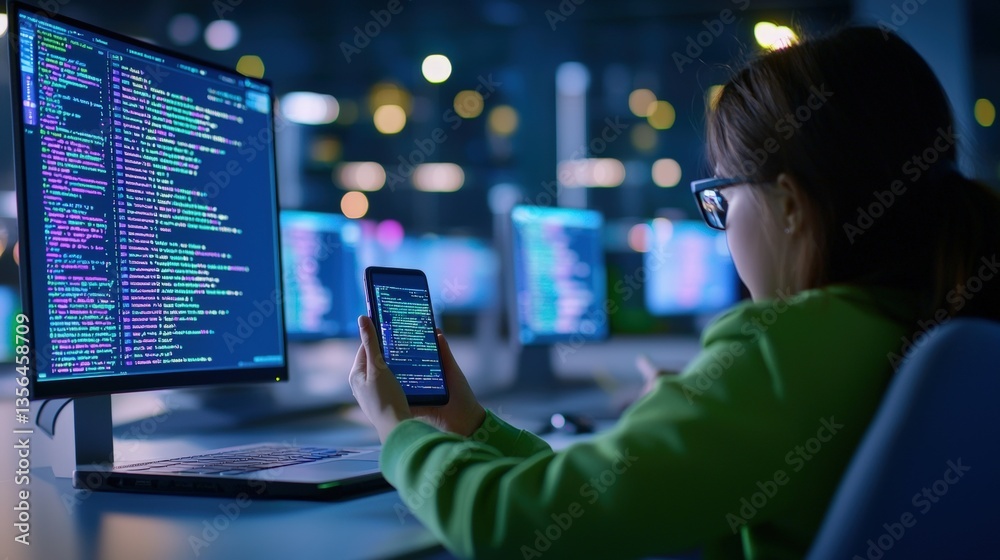 A person coding on a computer while holding a smartphone, surrounded by a modern tech environment with colorful screens displaying code , Identity Theft Prevention. A person coding on a computer while holding a smartphone, surrounded by a modern tech environment with colorful screens displaying code , Identity Theft Prevention.