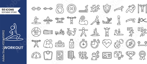 Fitness exercise workout line icons set. Vector illustrations
