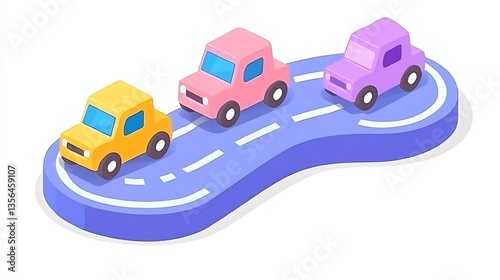Three toy cars on a road.