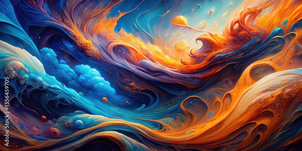 Abstract swirling forms in a vibrant palette of blue, orange, and yellow evoke a sense of cosmic wonder. Abstract swirling forms in a vibrant palette of blue, orange, and yellow evoke a sense of cosmic wonder.