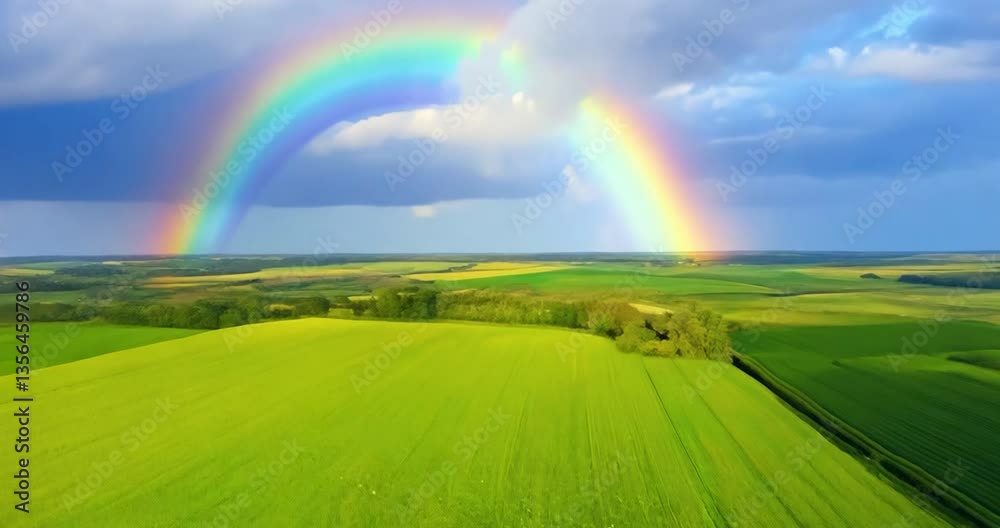 Rainbow over a green field with clouds and sunlight Rainbow over a green field with clouds and sunlight