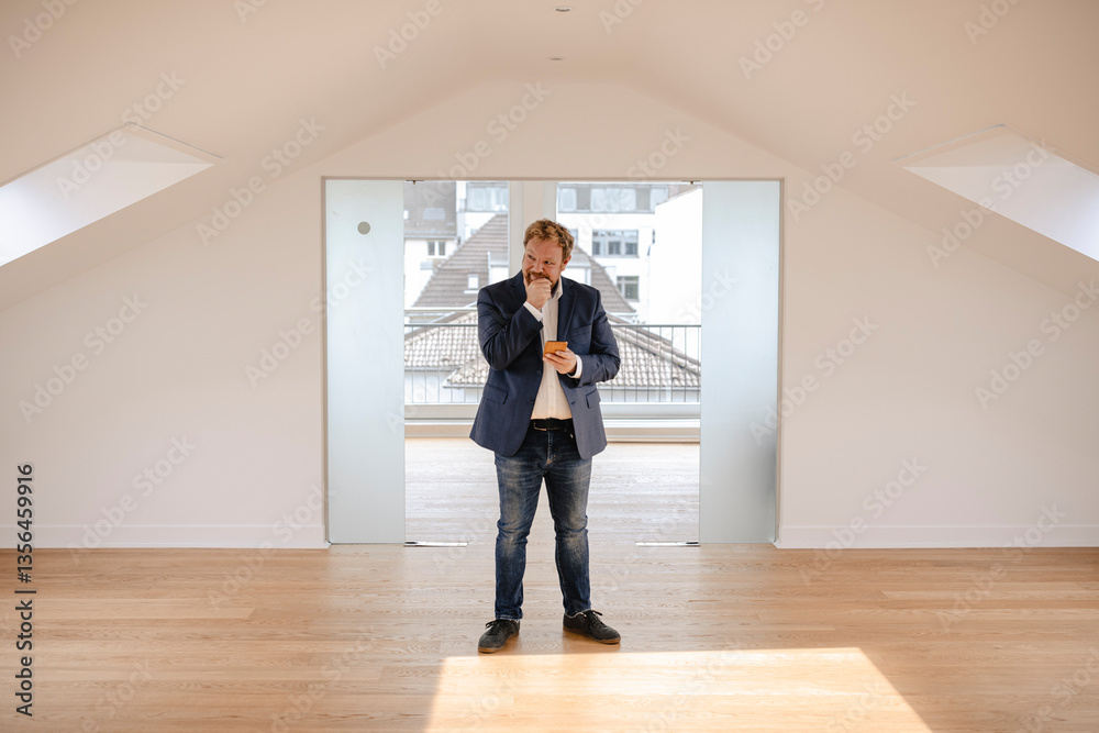 Businessman standing in empty apartement looking around Businessman standing in empty apartement looking around