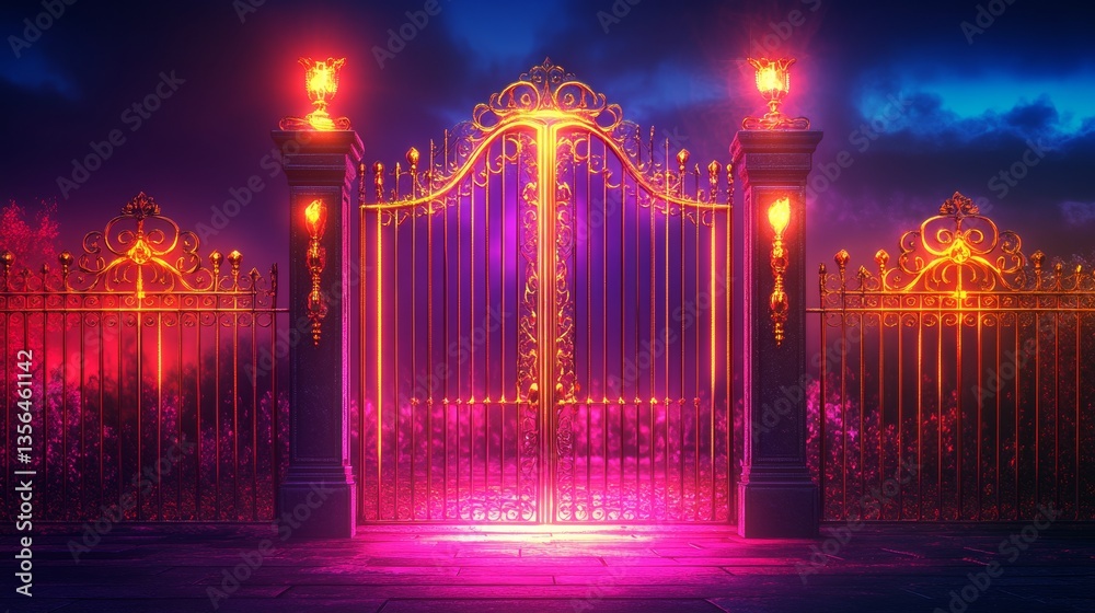 Fototapeta premium Wide neon glowing gates on dark background. Template for design