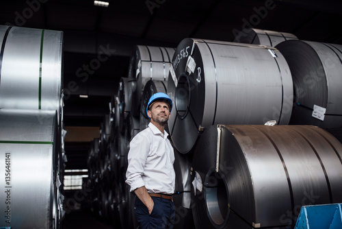 Thoughtful male owner with hands in pockets standing in factory