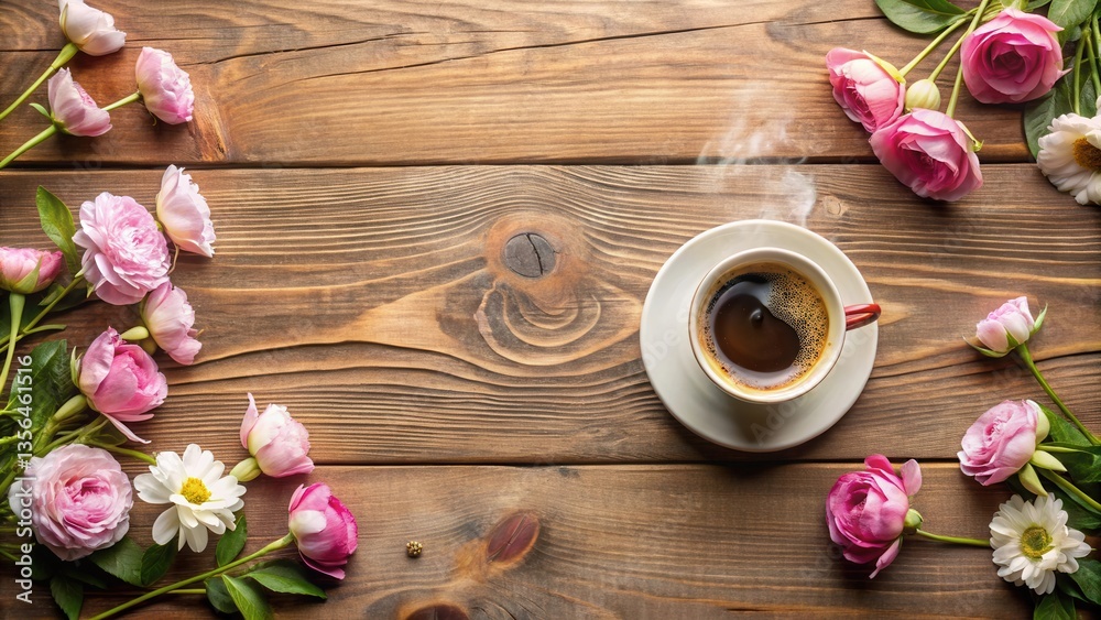 A steaming cup of coffee sits on a wooden table surrounded by pink flowers and a single white daisy, creating a cozy and inviting atmosphere. A steaming cup of coffee sits on a wooden table surrounded by pink flowers and a single white daisy, creating a cozy and inviting atmosphere.