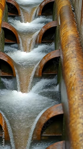 Flowing water through industrial pipes in a wastewater treatment facility during daylight hours