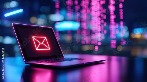 A laptop displays a glowing email icon against a vibrant, colorful background, suggesting themes of communication and modern technology , Identity Theft Prevention.