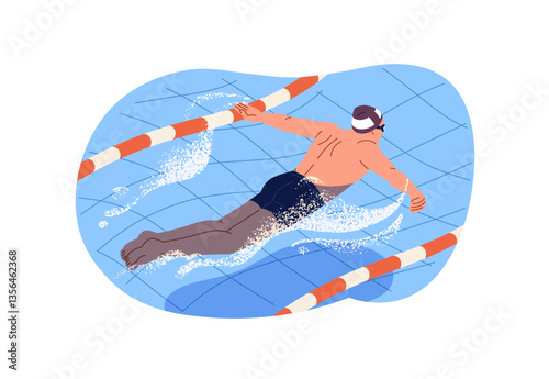 Professional swimmer is training on lane in pool. Sportsman in goggles is swimming in breaststroke style. Athlete is racing on sports competition on water. Flat isolated vector illustration on white
