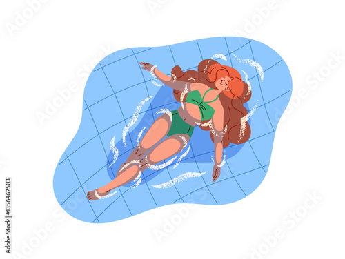 Cute redhead girl in bikini is lying on back, sunbathing in swimming pool. Happy young woman floats, relaxes on water in sea resort in summer vacation. Flat isolated vector illustration on white