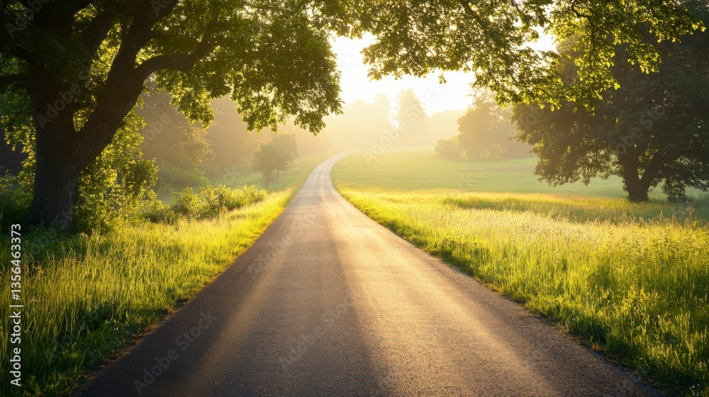 Obraz premium Scenic sunrise journey serene country road landscape photography tranquil environment wide angle nature's beauty awaits