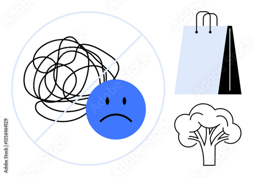 Tidy lines replace chaotic scribbles with sad face, alongside eco-friendly shopping bag, and tree. Ideal for sustainability, mental health, retail, environment, mindfulness, decision-making balance