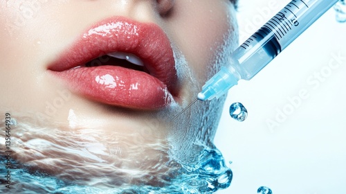 Vector illustration of hyaluronic acid filler injections or mesotherapy procedures. Watercolor female lips and syringe in water splashes. Cosmetology moisturizing procedures and beauty concept.