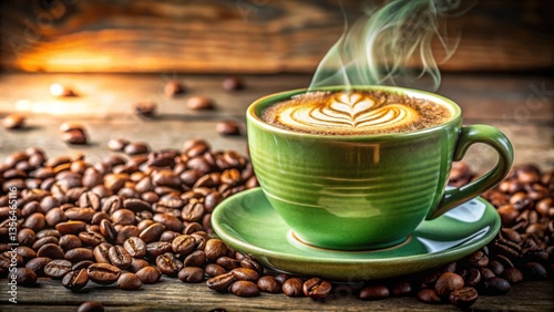 Steaming cup of latte art coffee with a scattering of roasted coffee beans on a rustic wooden table