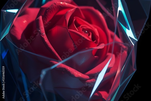 An Isekai anime-style image with contrasting chiaroscuro lighting and iridescent colors, depicting a close-up of a rose in cellophane, water droplets visible. Iridescent reflections, strong contrasts, photo