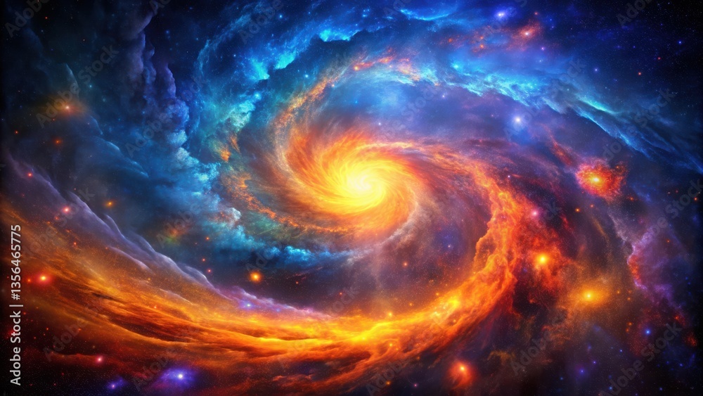 A cosmic dance of vibrant colors and swirling nebulae, a celestial tapestry of fiery orange and cool blue hues, illuminated by distant stars, evoking awe and wonder at the vastness of the universe. A cosmic dance of vibrant colors and swirling nebulae, a celestial tapestry of fiery orange and cool blue hues, illuminated by distant stars, evoking awe and wonder at the vastness of the universe.