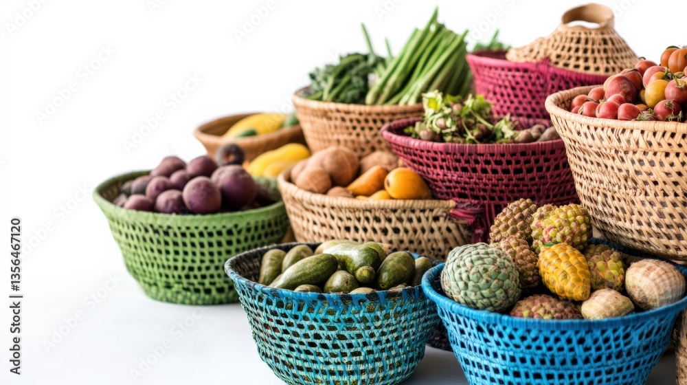 Fototapeta premium Colorful Baskets of Local Produce on White Background