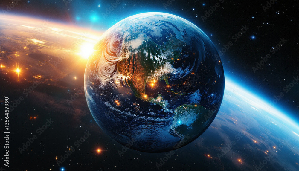 Obraz premium a digital illustration of a vibrant blue planet with glowing city lights set again a backdrop of a colorful galaxy