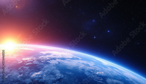stunning view of earth  from space featuring a vibrant sunrise over the blue planet
