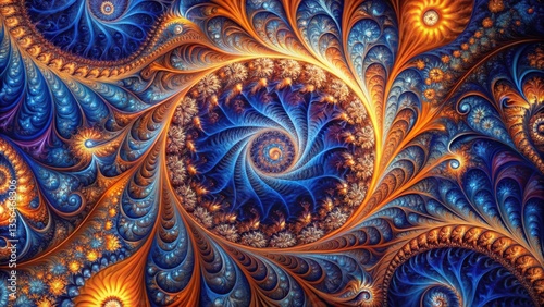 Wallpaper Mural A spiraling pattern of intricate blue and orange floral designs with a central focus point of bright gold Torontodigital.ca